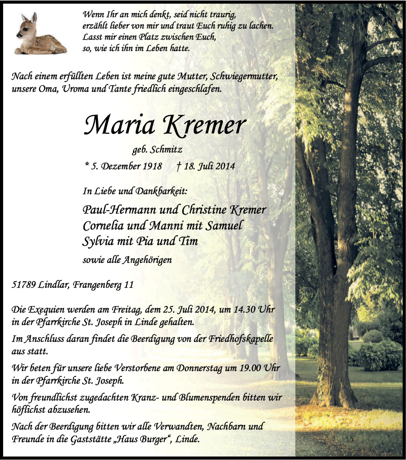  Traueranzeige für Maria Kremer vom 22.07.2014 aus Kölner Stadt-Anzeiger / Kölnische Rundschau / Express