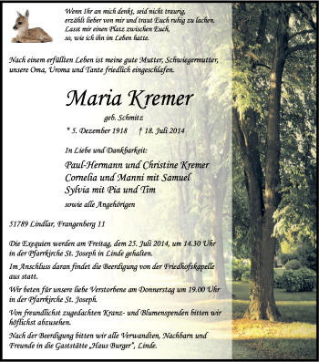 Anzeige von Maria Kremer von Kölner Stadt-Anzeiger / Kölnische Rundschau / Express
