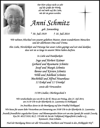 Anzeige von Anni Schmitz von Kölner Stadt-Anzeiger / Kölnische Rundschau / Express