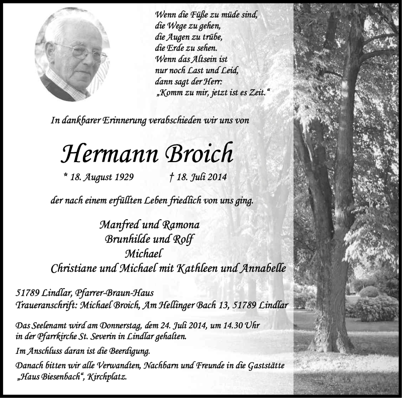  Traueranzeige für Hermann Broich vom 22.07.2014 aus Kölner Stadt-Anzeiger / Kölnische Rundschau / Express