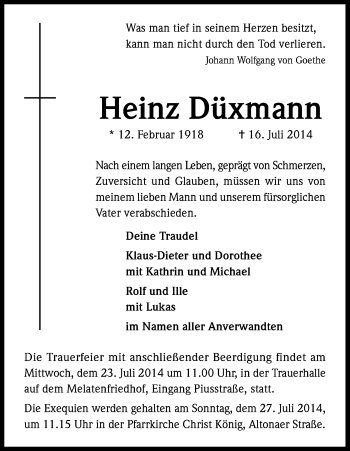 Anzeige von Heinz Mixmann von Kölner Stadt-Anzeiger / Kölnische Rundschau / Express