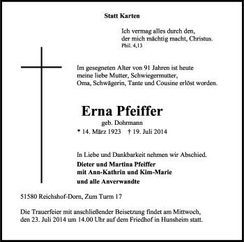 Anzeige von Erna Pfeiffer von Kölner Stadt-Anzeiger / Kölnische Rundschau / Express