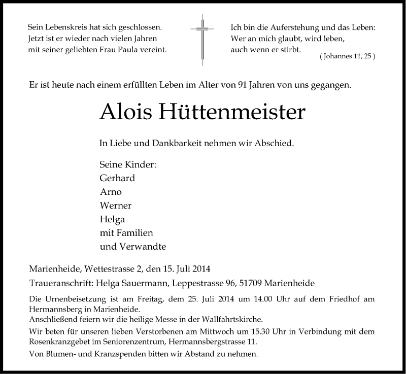  Traueranzeige für Alois Hüttenmeister vom 22.07.2014 aus Kölner Stadt-Anzeiger / Kölnische Rundschau / Express