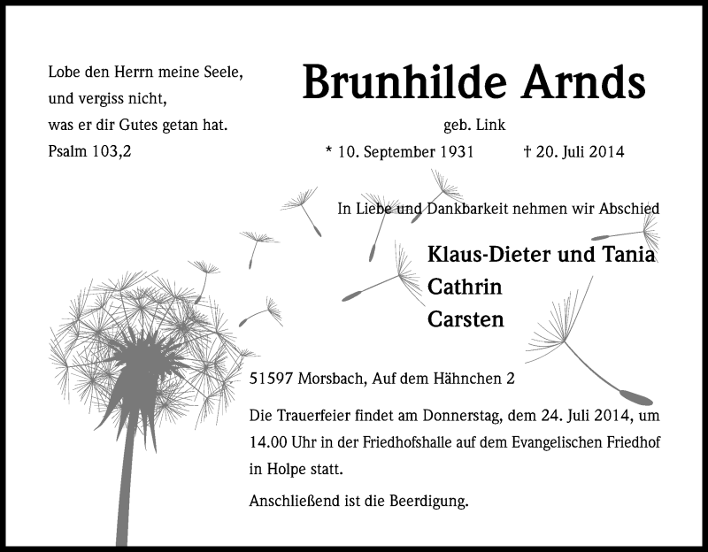  Traueranzeige für Brunhilde Arnds vom 22.07.2014 aus Kölner Stadt-Anzeiger / Kölnische Rundschau / Express