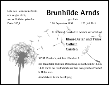 Anzeige von Brunhilde Arnds von Kölner Stadt-Anzeiger / Kölnische Rundschau / Express