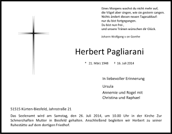 Anzeige von Herbert Pagliarani von Kölner Stadt-Anzeiger / Kölnische Rundschau / Express