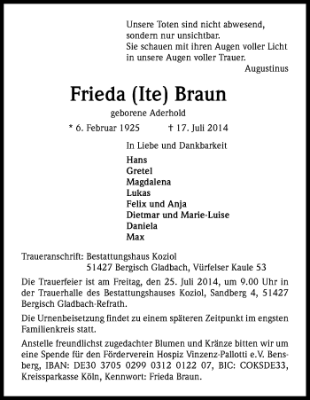 Anzeige von Frieda Braun von Kölner Stadt-Anzeiger / Kölnische Rundschau / Express