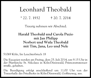 Anzeige von Leonhard Theobald von Kölner Stadt-Anzeiger / Kölnische Rundschau / Express