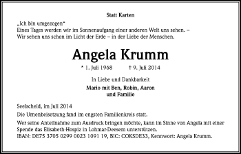 Anzeige von Angela Krumm von Kölner Stadt-Anzeiger / Kölnische Rundschau / Express