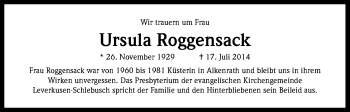 Anzeige von Ursula Roggensack von Kölner Stadt-Anzeiger / Kölnische Rundschau / Express