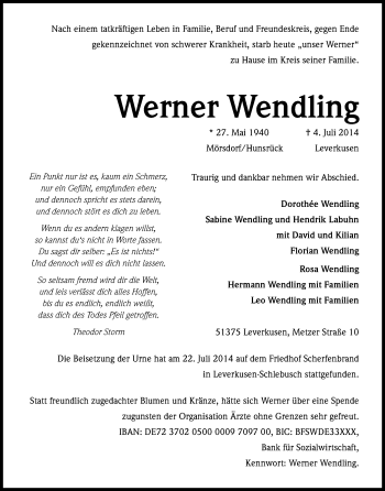 Anzeige von Werner Wendling von Kölner Stadt-Anzeiger / Kölnische Rundschau / Express