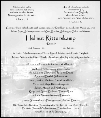 Anzeige von Helmut Ritterskamp von Kölner Stadt-Anzeiger / Kölnische Rundschau / Express
