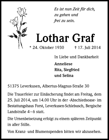 Anzeige von Lothar Graf von Kölner Stadt-Anzeiger / Kölnische Rundschau / Express