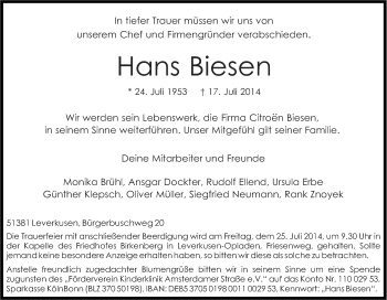Anzeige von Hans Biesen von Kölner Stadt-Anzeiger / Kölnische Rundschau / Express