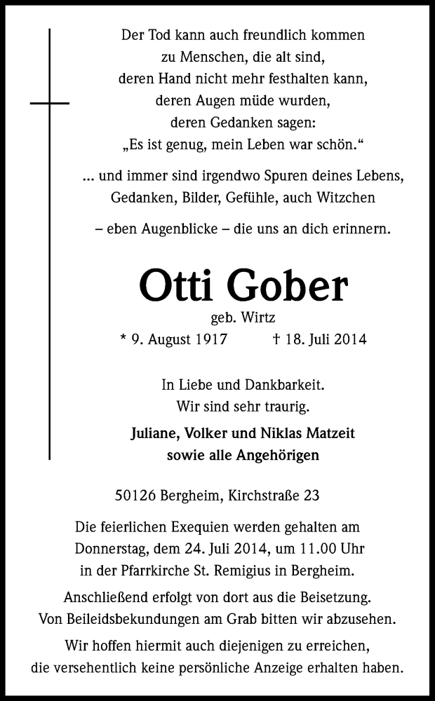  Traueranzeige für Otti Gober vom 22.07.2014 aus Kölner Stadt-Anzeiger / Kölnische Rundschau / Express