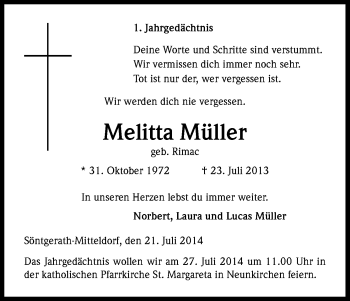 Anzeige von Melitta Müller von Kölner Stadt-Anzeiger / Kölnische Rundschau / Express