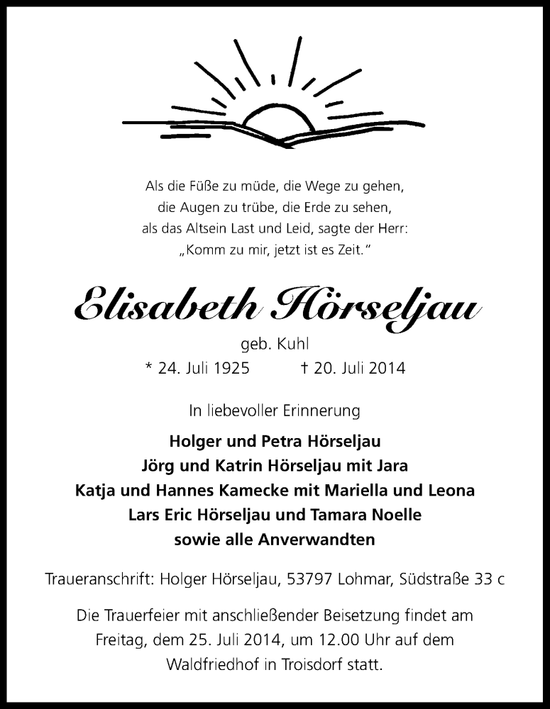  Traueranzeige für Elisabeth Hörseljau vom 22.07.2014 aus Kölner Stadt-Anzeiger / Kölnische Rundschau / Express