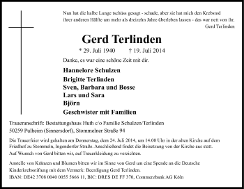 Anzeige von Gerd Terlinden von Kölner Stadt-Anzeiger / Kölnische Rundschau / Express