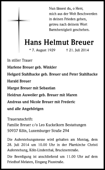 Anzeige von Hans Helmut Breuer von Kölner Stadt-Anzeiger / Kölnische Rundschau / Express