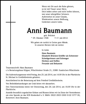 Anzeige von Anni Baumann von Kölner Stadt-Anzeiger / Kölnische Rundschau / Express