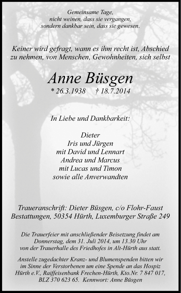  Traueranzeige für Anne Büsgen vom 26.07.2014 aus Kölner Stadt-Anzeiger / Kölnische Rundschau / Express