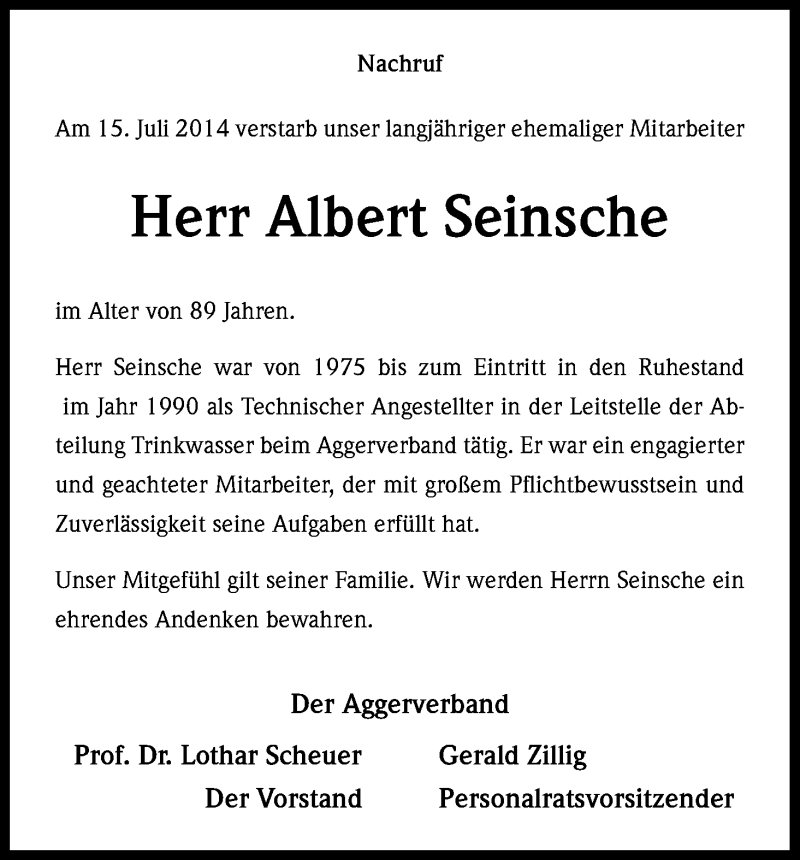  Traueranzeige für Albert Seinsche vom 23.07.2014 aus Kölner Stadt-Anzeiger / Kölnische Rundschau / Express