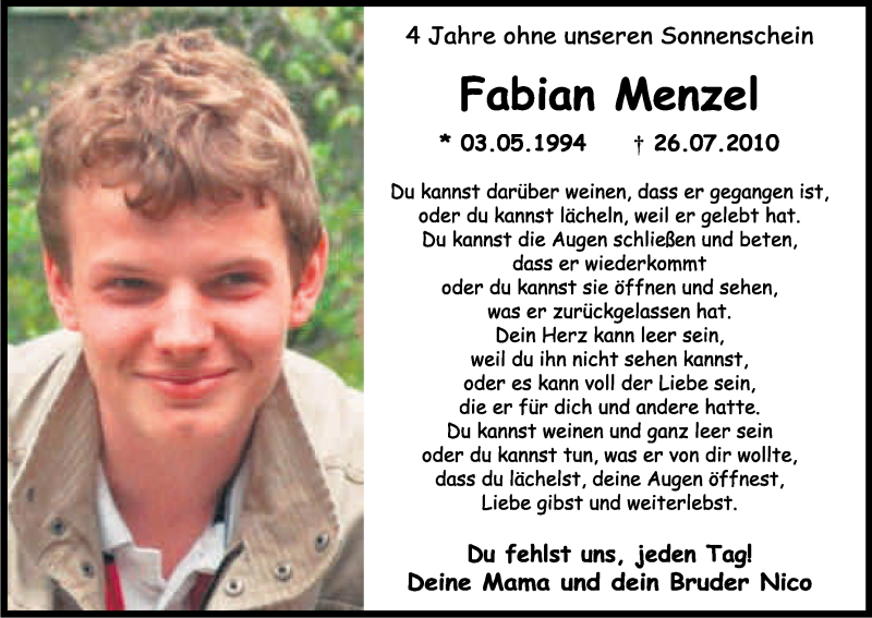  Traueranzeige für Fabian Menzel vom 26.07.2014 aus Kölner Stadt-Anzeiger / Kölnische Rundschau / Express