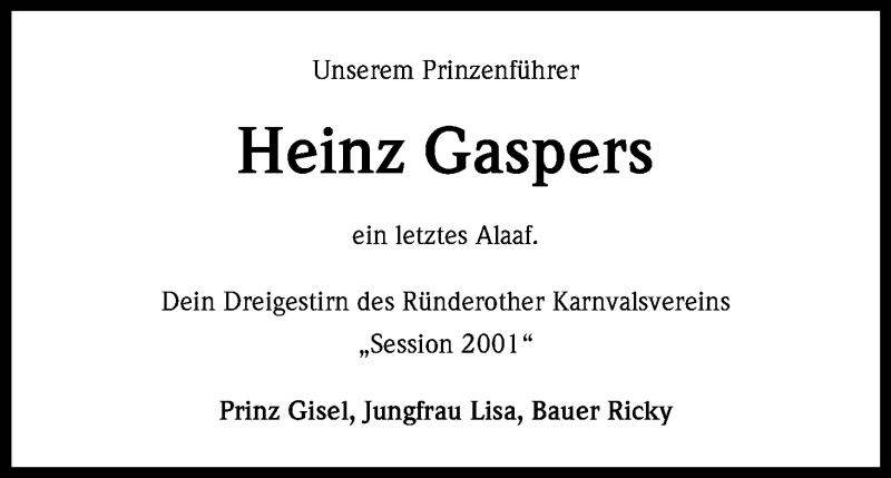  Traueranzeige für Heinz Gaspers vom 23.07.2014 aus Kölner Stadt-Anzeiger / Kölnische Rundschau / Express