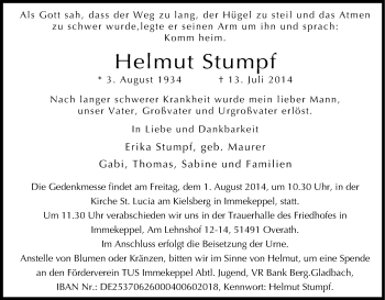 Anzeige von Helmut Stumpf von Kölner Stadt-Anzeiger / Kölnische Rundschau / Express