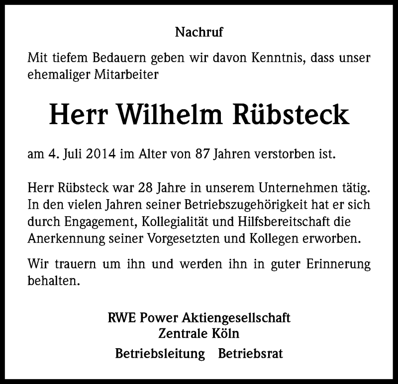  Traueranzeige für Wilhelm Rübsteck vom 23.07.2014 aus Kölner Stadt-Anzeiger / Kölnische Rundschau / Express