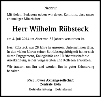 Anzeige von Wilhelm Rübsteck von Kölner Stadt-Anzeiger / Kölnische Rundschau / Express