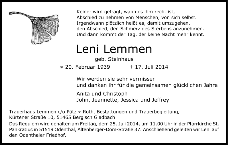  Traueranzeige für Leni Lemmen vom 23.07.2014 aus Kölner Stadt-Anzeiger / Kölnische Rundschau / Express