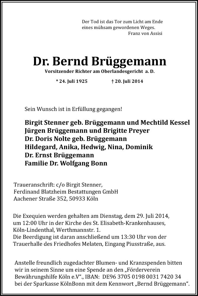  Traueranzeige für Bernd Brüggemann vom 26.07.2014 aus Kölner Stadt-Anzeiger / Kölnische Rundschau / Express