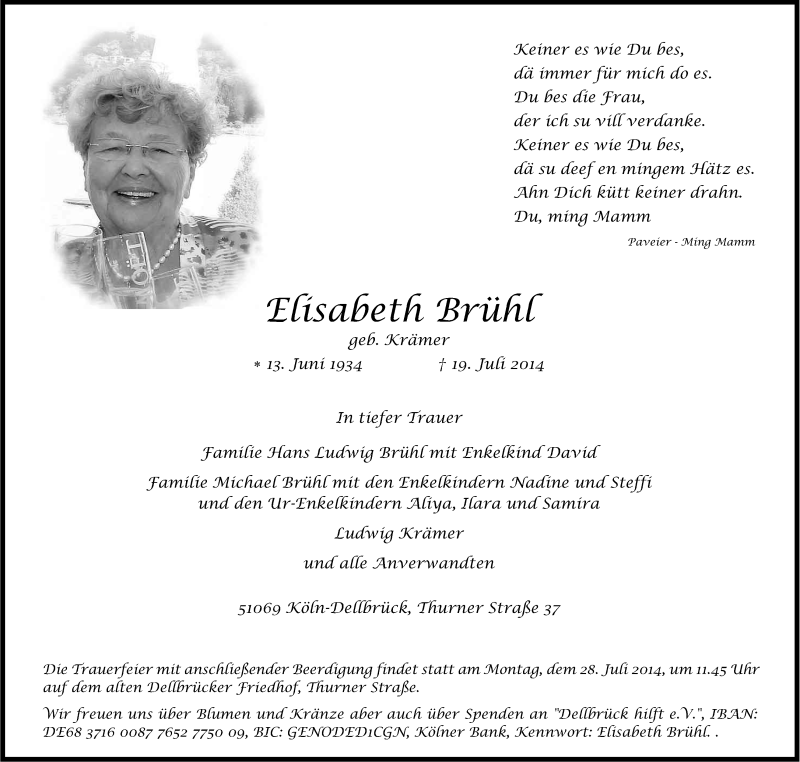  Traueranzeige für Elisabeth Brühl vom 23.07.2014 aus Kölner Stadt-Anzeiger / Kölnische Rundschau / Express