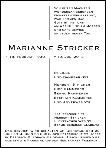 Anzeige von Marianne Stricker von Kölner Stadt-Anzeiger / Kölnische Rundschau / Express