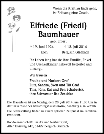 Anzeige von Elfriede Baumhauer von Kölner Stadt-Anzeiger / Kölnische Rundschau / Express