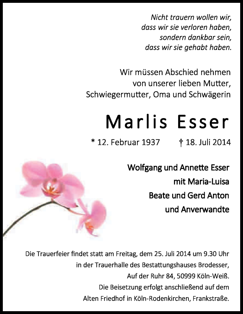  Traueranzeige für Marlis Esser vom 23.07.2014 aus Kölner Stadt-Anzeiger / Kölnische Rundschau / Express