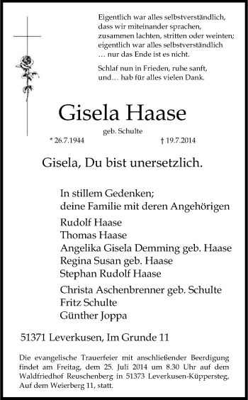 Anzeige von Gisela Haase von Kölner Stadt-Anzeiger / Kölnische Rundschau / Express