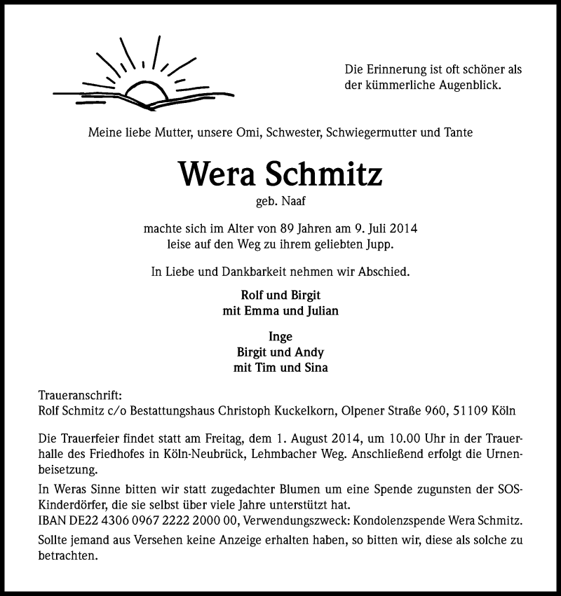  Traueranzeige für Wera Schmitz vom 26.07.2014 aus Kölner Stadt-Anzeiger / Kölnische Rundschau / Express