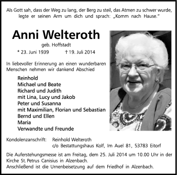 Anzeige von Anni Welteroth von Kölner Stadt-Anzeiger / Kölnische Rundschau / Express