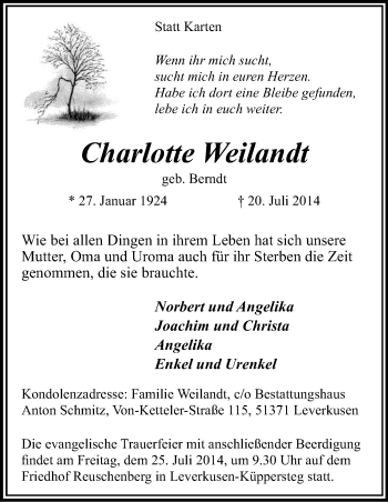 Anzeige von Charlotte Weilandt von Kölner Stadt-Anzeiger / Kölnische Rundschau / Express
