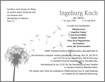 Anzeige von Ingeburg Koch von Kölner Stadt-Anzeiger / Kölnische Rundschau / Express