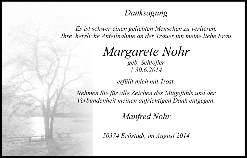  Traueranzeige für Margarete Nohr vom 02.08.2014 aus Kölner Stadt-Anzeiger / Kölnische Rundschau / Express