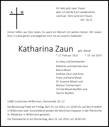 Anzeige von Katharina  Zaun von Kölner Stadt-Anzeiger / Kölnische Rundschau / Express
