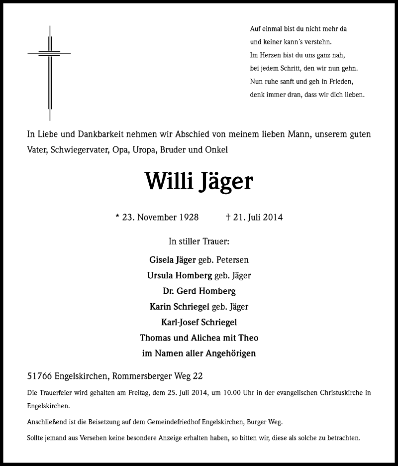  Traueranzeige für Willi Jäger vom 23.07.2014 aus Kölner Stadt-Anzeiger / Kölnische Rundschau / Express