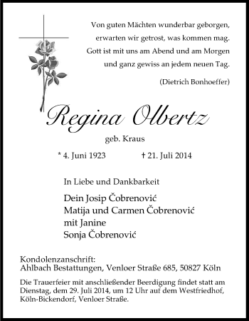 Anzeige von Regina Olbertz von Kölner Stadt-Anzeiger / Kölnische Rundschau / Express