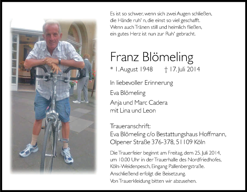  Traueranzeige für Franz Blömeling vom 23.07.2014 aus Kölner Stadt-Anzeiger / Kölnische Rundschau / Express