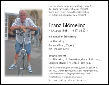 Anzeige von Franz Blömeling von Kölner Stadt-Anzeiger / Kölnische Rundschau / Express