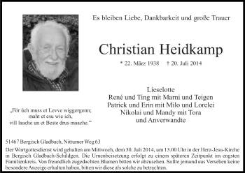 Anzeige von Christian Heidkamp von Kölner Stadt-Anzeiger / Kölnische Rundschau / Express