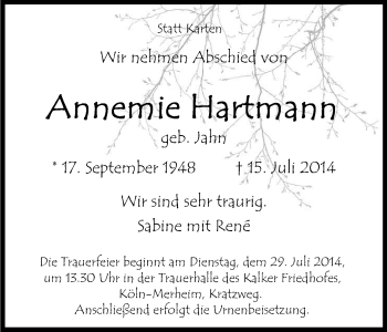 Anzeige von Annemie Hartmann von Kölner Stadt-Anzeiger / Kölnische Rundschau / Express